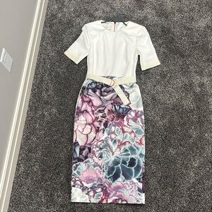 Ted Baker White and Floral Belt Dress Size 1